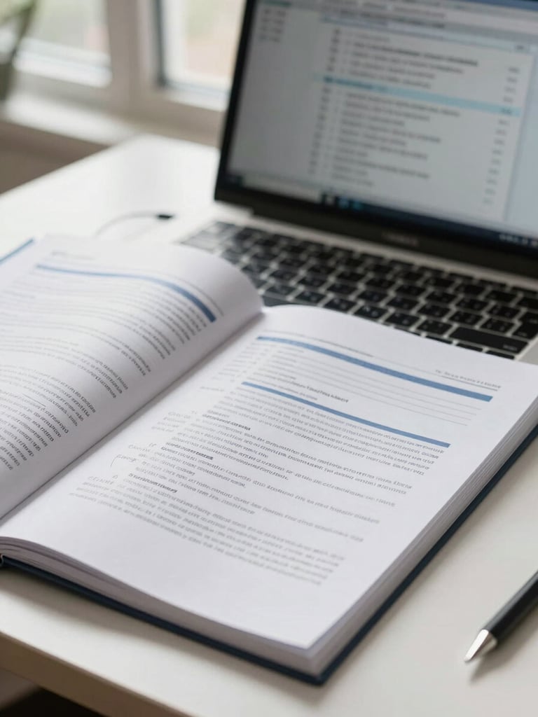 Close-up of a printed SEO technical audit document spread open on a clean desk under natural window light, hand-annotated sections visible, a laptop showing a crawl report in soft focus behind it