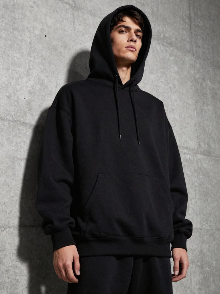Low-angle medium shot of a model wearing a heavy black oversized hoodie, standing against a stark concrete wall, dramatic side shadows highlighting the dense fabric texture.