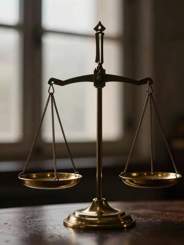 Macro close-up of heavy brass scales of justice reflecting soft directional window light, dark shadow background, dramatic chiaroscuro.