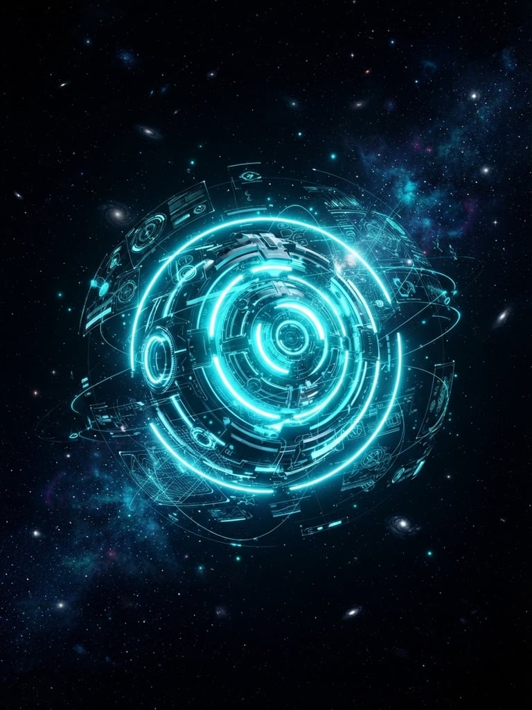 3d render of a glowing futuristic AI core orb floating in deep cosmic black space, vibrant neon cyan rim lighting, high contrast, holographic UI elements surrounding it