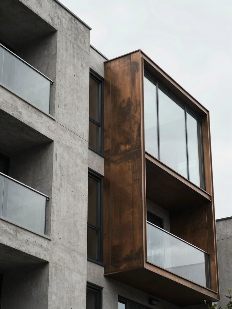 Tight abstract crop of raw concrete meeting bronze-tinted glass on a modern residential facade, soft overcast daylight.