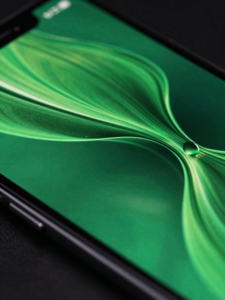 Extreme macro close-up of a high-refresh-rate mobile screen displaying abstract fluid motion in electric green, dramatic low-key studio lighting with screen-glow reflections.