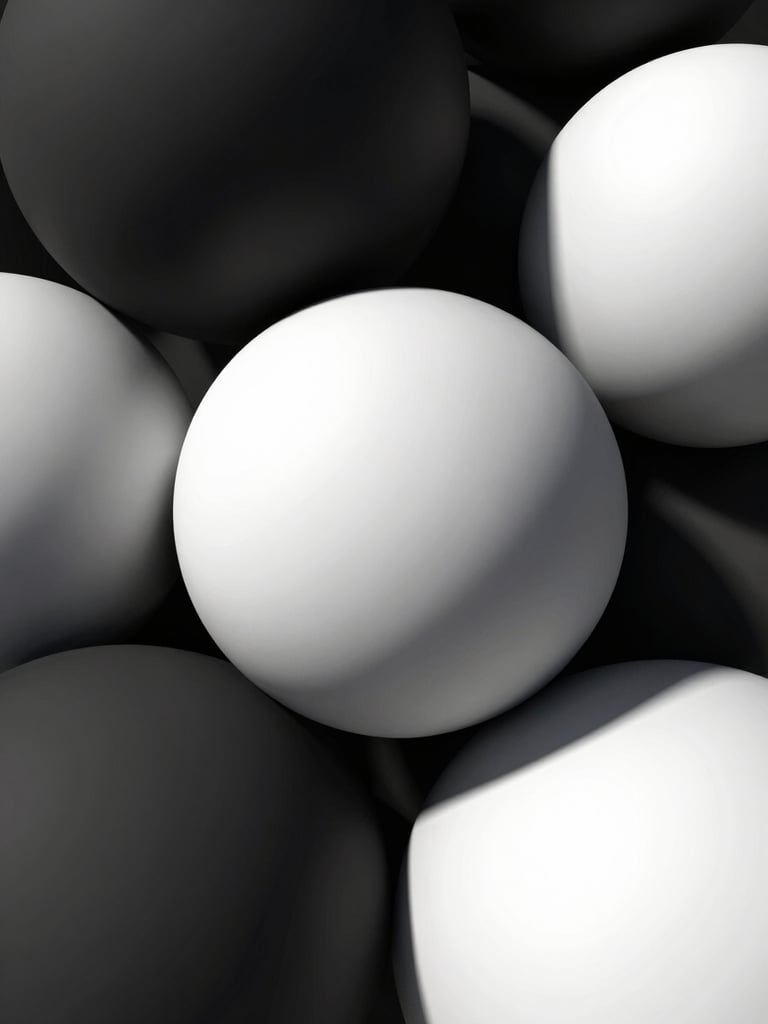 Abstract architectural composition of intersecting matte black and polished white spheres, sharp contrasting lines, dramatic overhead chiaroscuro light.