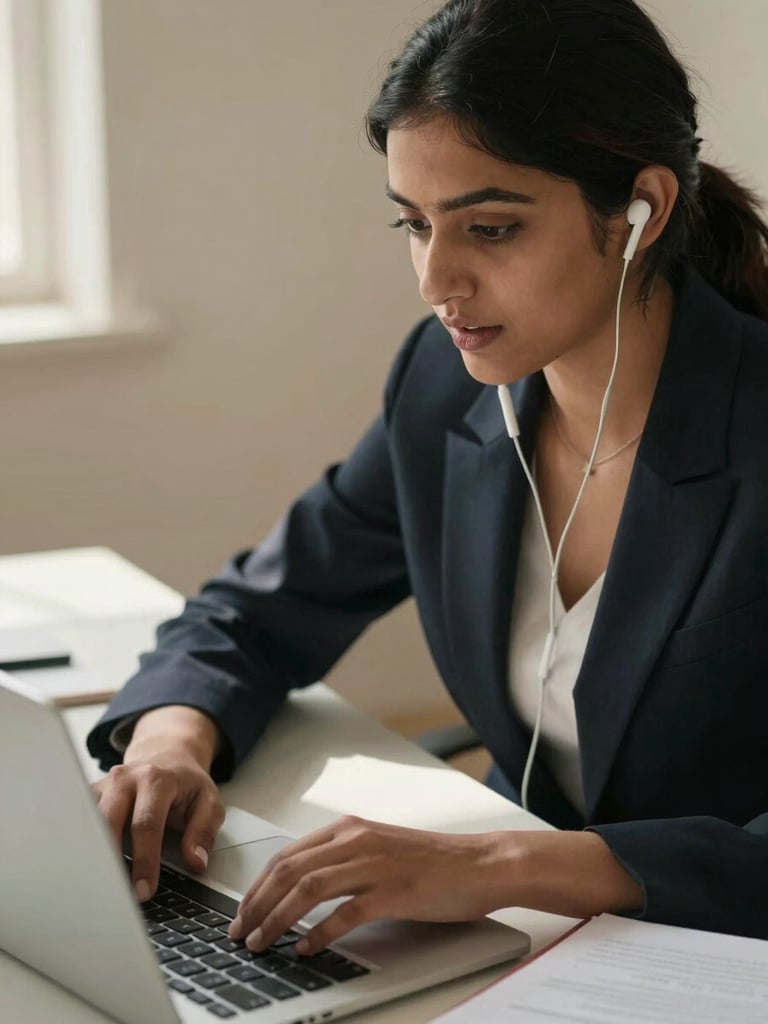 Close framing from above-right: a young South Asian professional woman at a desk, head tilted slightly, earbuds in, lips parted mid-word, notebook open beside a laptop — natural window light from the left casting soft shadows, warm ivory background, intimate and focused