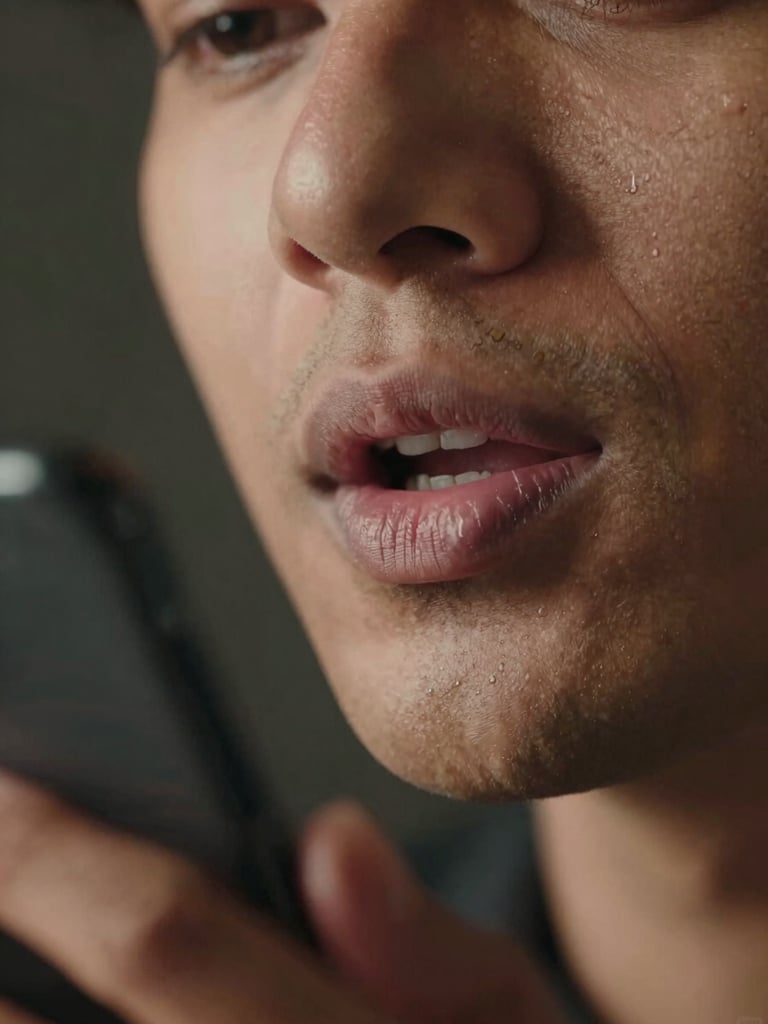 Extreme close-up of a South Asian man's mouth mid-word, speaking into a smartphone held close, studio-soft warm light, slight motion blur on lips, dark background with shallow depth of field, cropped tight below nose to chin