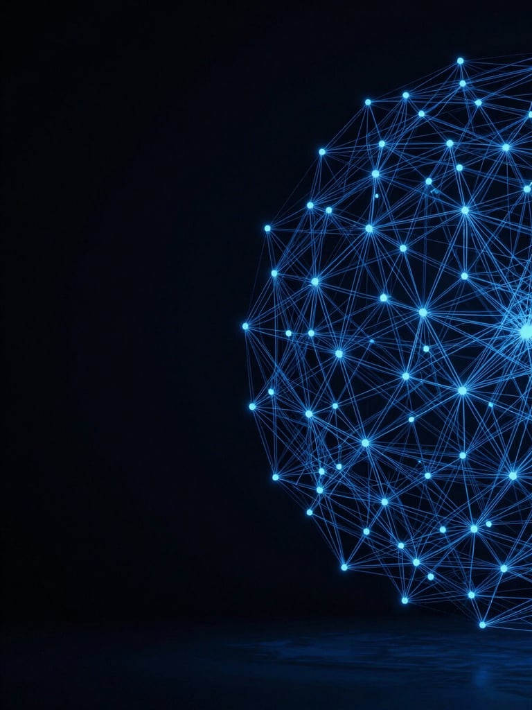 Wide panoramic view of an abstract network topology rendered as a precise geometric diagram, electric blue node connections on deep navy-black field, placed to the right third of the frame with open dark space on the left, clinical even studio lighting, no shadows, sharp angular lines suggesting signal architecture and data intelligence