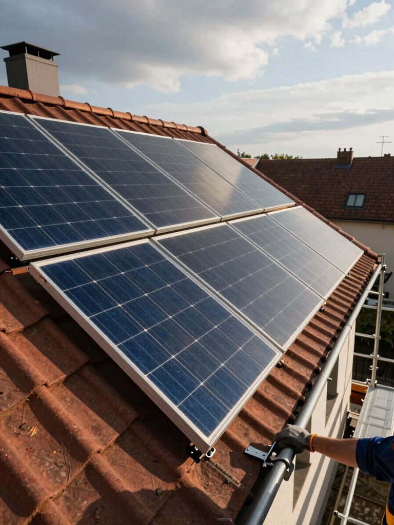 Wide shot from ground level, residential rooftop solar array freshly installed on a pitched Central European tile roof, late afternoon side-light casting hard shadows across panel rows, scaffolding visible at right edge, installer's gloved hand adjusting a rail bracket in foreground, overcast sky above