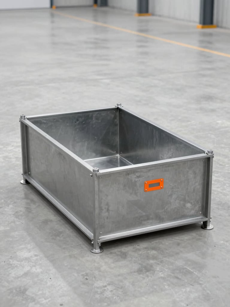 Wide shot of a large, modular heavy-duty steel spill containment unit on a clean concrete floor in an industrial warehouse, crisp utility lighting, safety orange accents.