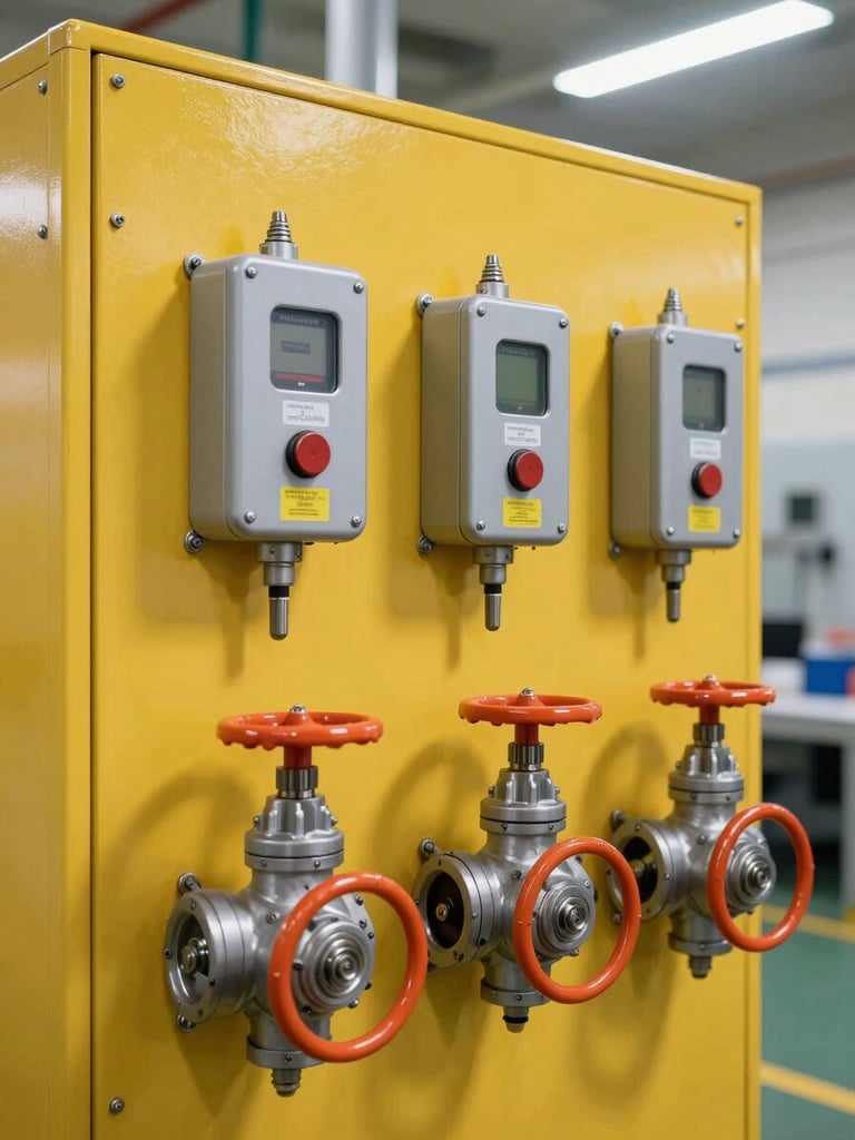 Industrial safety equipment, including heavy-duty lockout/tagout devices and emergency shut-off valves, mounted on a bright yellow panel in a plant interior, clean utility lighting.