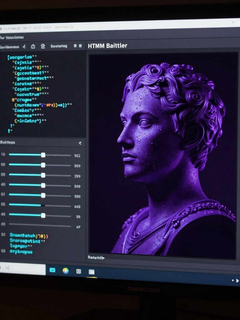 A high-contrast cinematic screen capture of an interactive HTML prompt builder interface, showing glowing cyan code syntax, interactive sliders, and a hyper-detailed surrealist sculpture render with deep purple lighting.