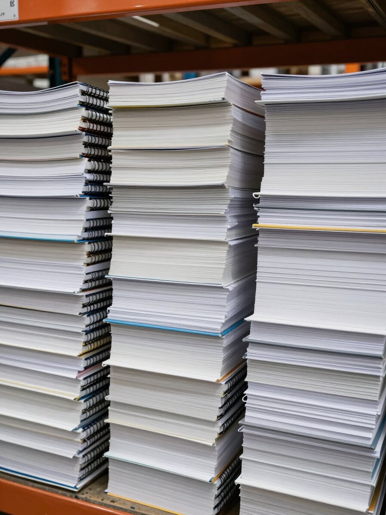 Overhead wide shot of neatly stacked reams of A4 paper and bound notebooks arranged in organized rows on a warehouse shelf, warm facility lighting from above, paper texture visible on edges, industrial shelving in background, no people, no white-backdrop studio