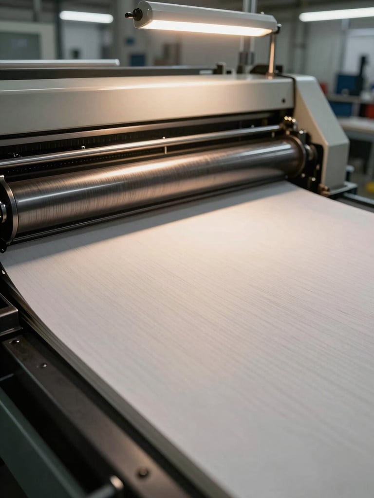 Wide facility interior, close-up of a printing press roller pressing ink onto notebook cover stock, warm overhead industrial light raking across the surface revealing ink texture and paper grain, production floor visible in background depth