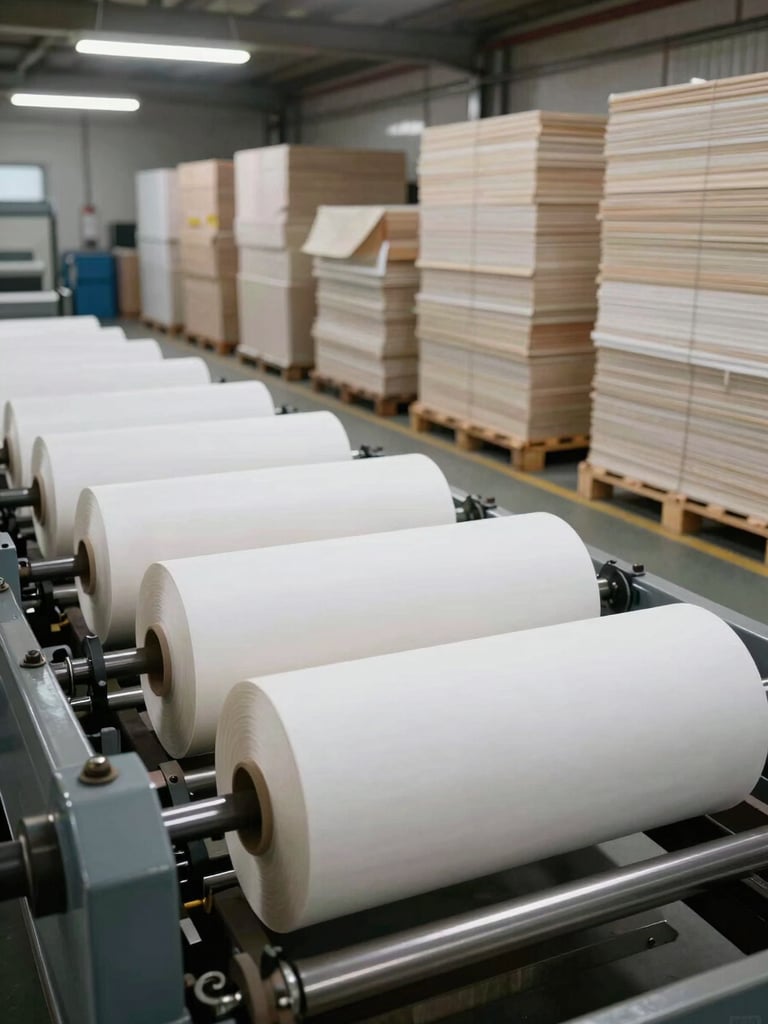 Wide shot of a paper manufacturing floor from a mid-height vantage point, large rolls of base paper loaded onto a converting machine in the foreground, organized stacks of cut reams on wooden pallets receding into the background, overhead fluorescent industrial lighting, no people posed
