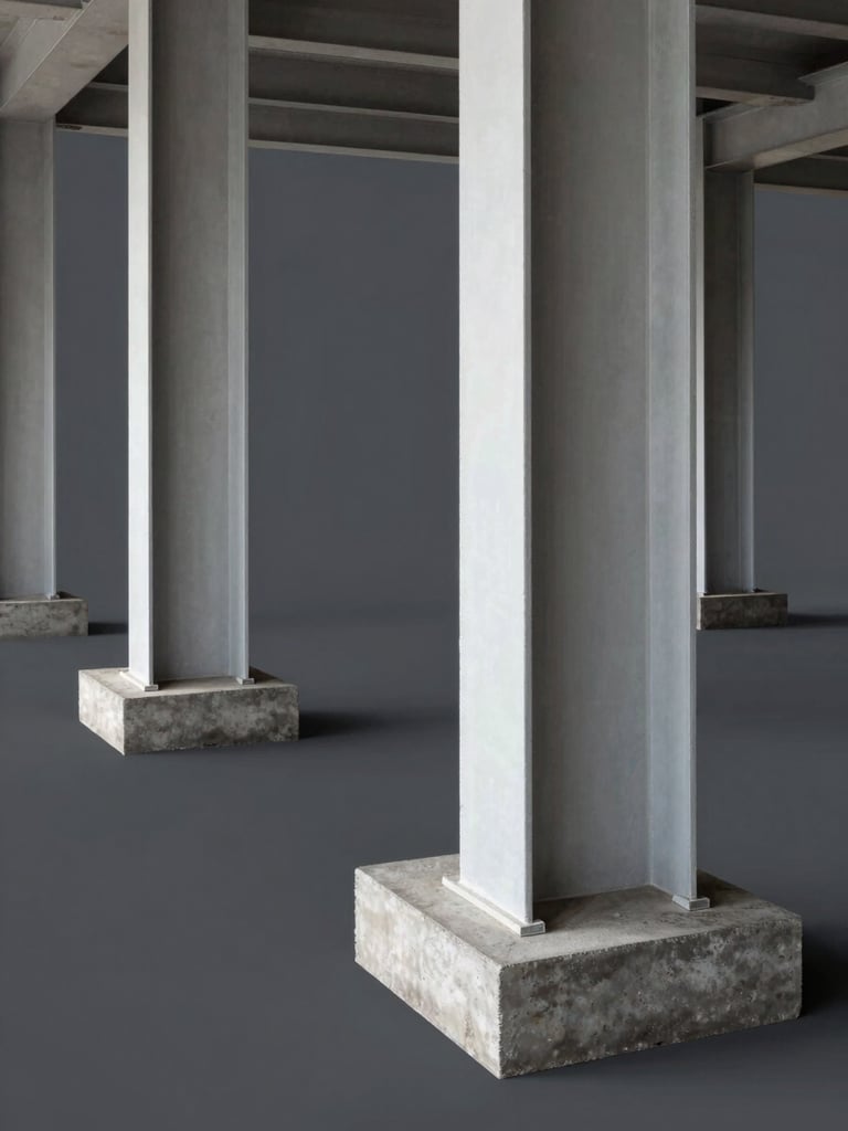 A high-end architectural drawing showing structural steel columns and concrete footings, crisp white lines on a deep slate gray background, natural light casting soft shadows