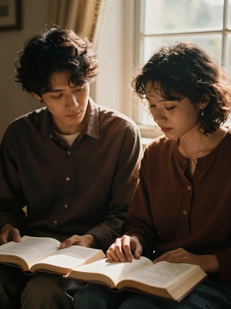 A warm, intimate portrait of two people sitting together over open scriptures, soft golden hour light filtering through a window, authentic emotion, 35mm