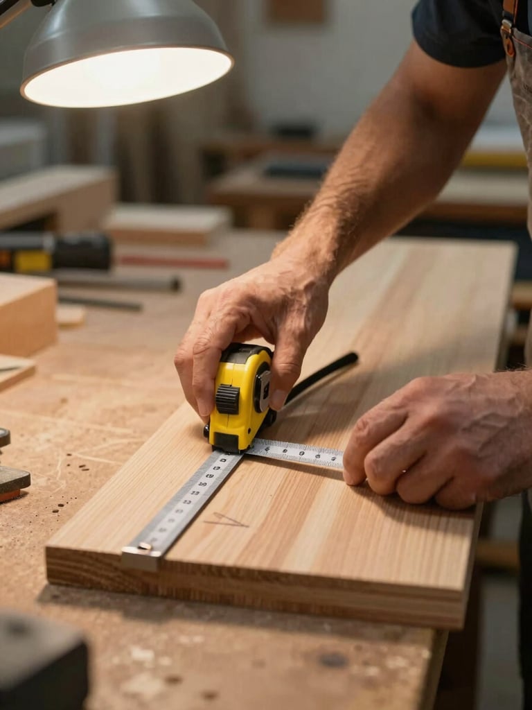 Close-up of a craftsman's hands measuring a wood panel with a steel tape rule on a workshop bench, pencil mark visible on the wood surface, warm workshop light from a single overhead lamp