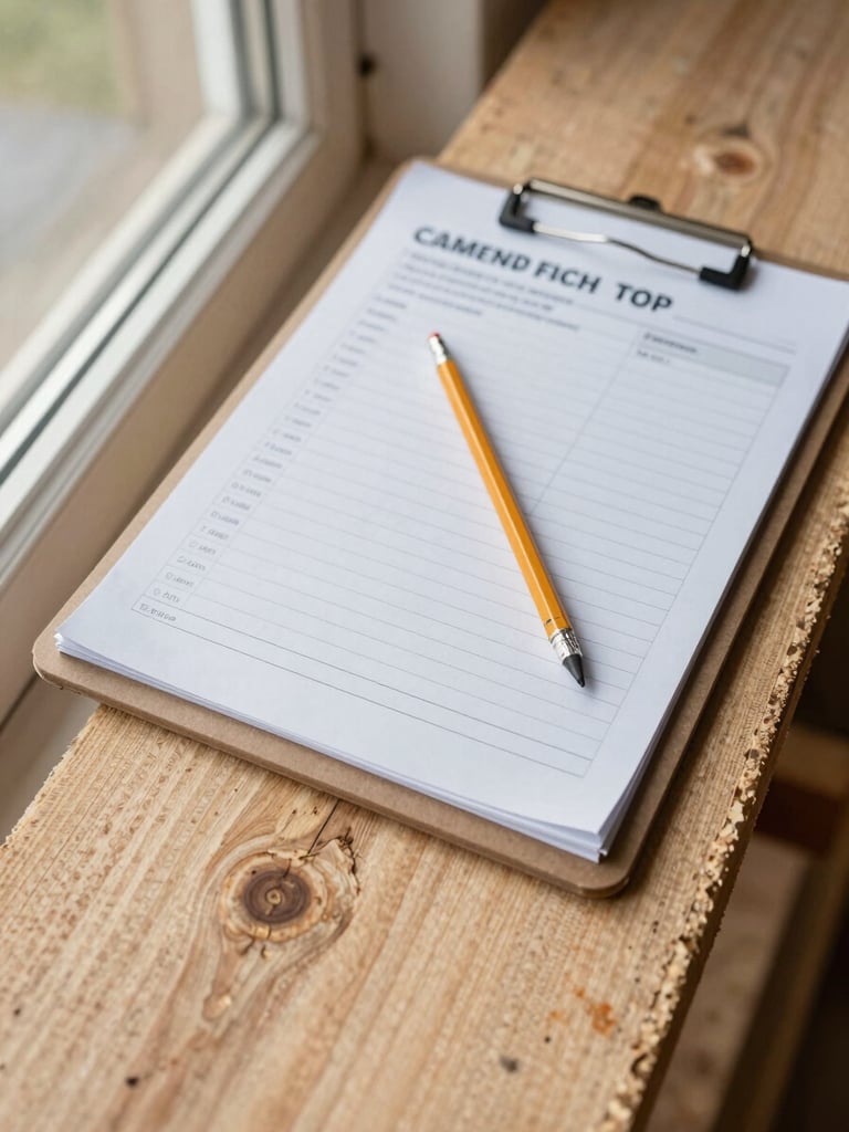 Close overhead shot of a job-site estimate clipboard resting on raw lumber, pencil marks visible on a ruled sheet, natural diffused daylight from a window to the left, wood grain texture filling the lower frame