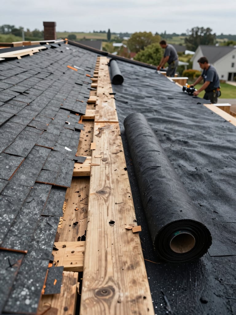 Close environmental wide shot of a residential roof mid-installation, old deteriorated shingles stripped back on the left half exposing weathered deck boards, fresh black synthetic underlayment rolled across the right half, two workers visible in the background, diffused afternoon daylight showing deck condition clearly