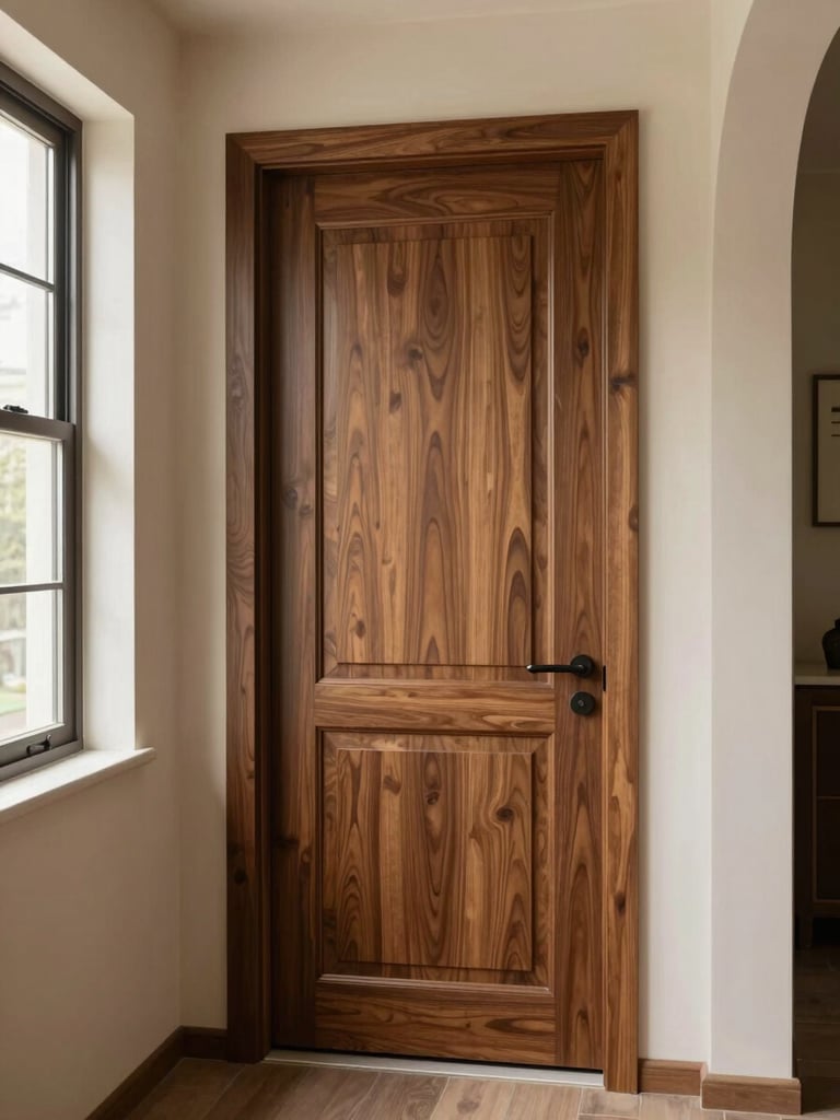 Wide environmental shot of a finished custom wood door installed in a warm interior hallway, diffused natural daylight from a side window, rich walnut grain visible across the full panel face, door frame fitted flush to the plaster wall with tight mitered corners