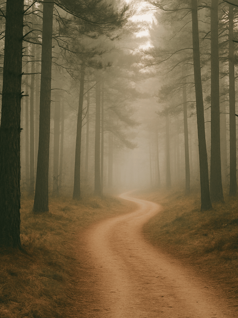 A quiet, winding outdoor path through towering pine trees bathed in soft morning light, misty atmosphere, muted earth tones, 35mm photography.