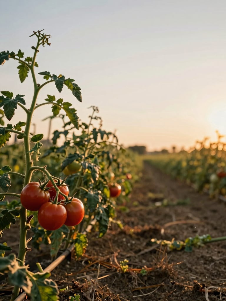 Wide environmental shot of farm rows at golden hour, a single ripe tomato cluster hanging from a vine in the left foreground, warm low sun raking across the field, soft haze in the distance, unhurried and still