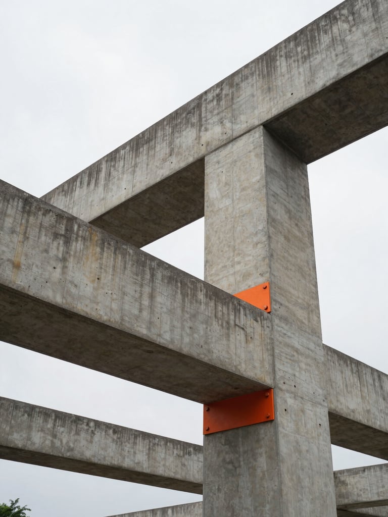 Architectural photography of a massive raw concrete beam structure under high-contrast overcast CDMX daylight, sharp angles, industrial safety orange accents on a steel joint, wide-angle lens