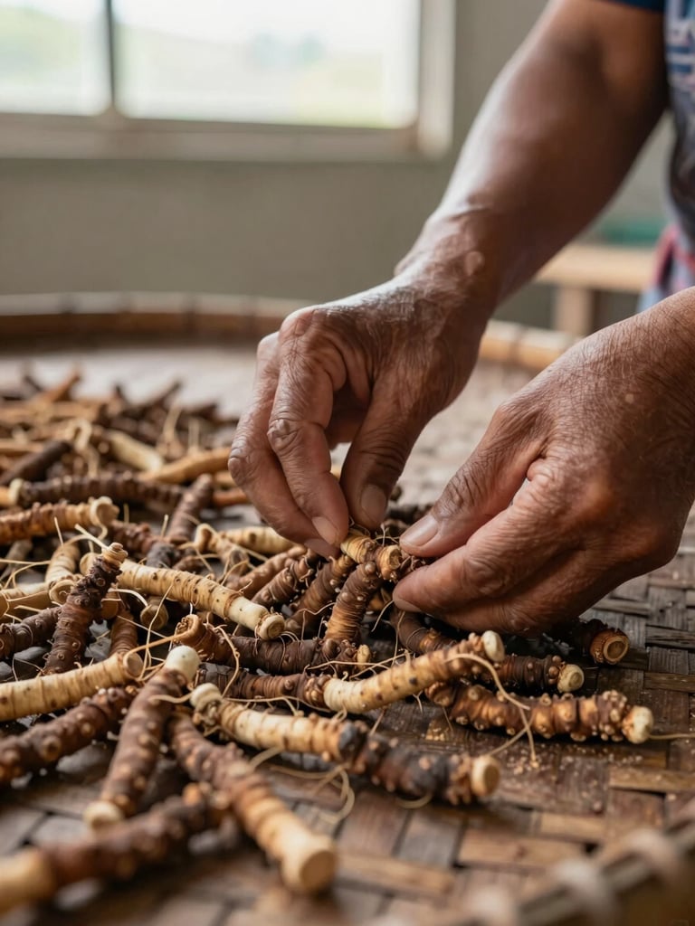 Extreme close-up, overhead angle — a woman's hands sorting dried maca roots on a woven sorting tray in a Tumbes processing facility, natural north-facing window light, earth-brown tones with flecks of pale root, sharp texture detail, no face visible, documentary style