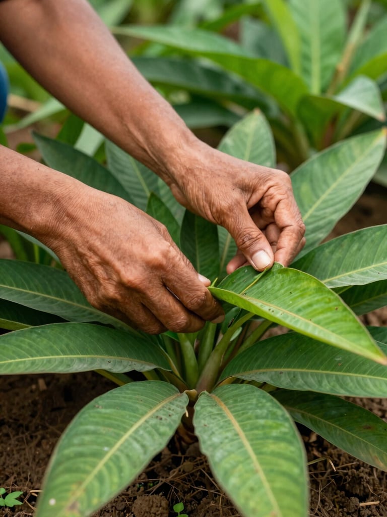 Extreme close-up of a woman's hands parting lush green turmeric leaves in a Tumbes field, natural north-facing daylight, rich soil visible at the base of the plants, deep greens and warm earth tones, no artificial light