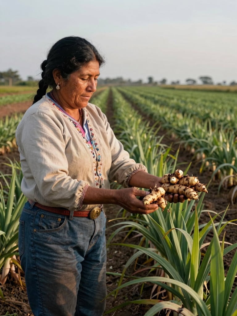 Wide environmental frame, Tumbes region Peru, a woman in field attire inspecting freshly harvested turmeric roots in her hands, rows of green plants receding into the right background, natural north-facing daylight, warm earth tones, no studio lighting