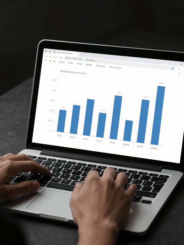 A person typing on a laptop keyboard while viewing a business management software dashboard.