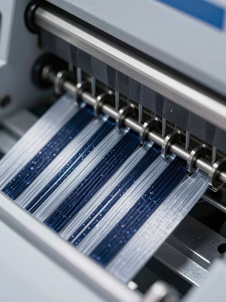 Macro shot of high-density embroidery threads on a modern industrial machine, sharp metallic highlights, cool steel tones, crisp industrial photography
