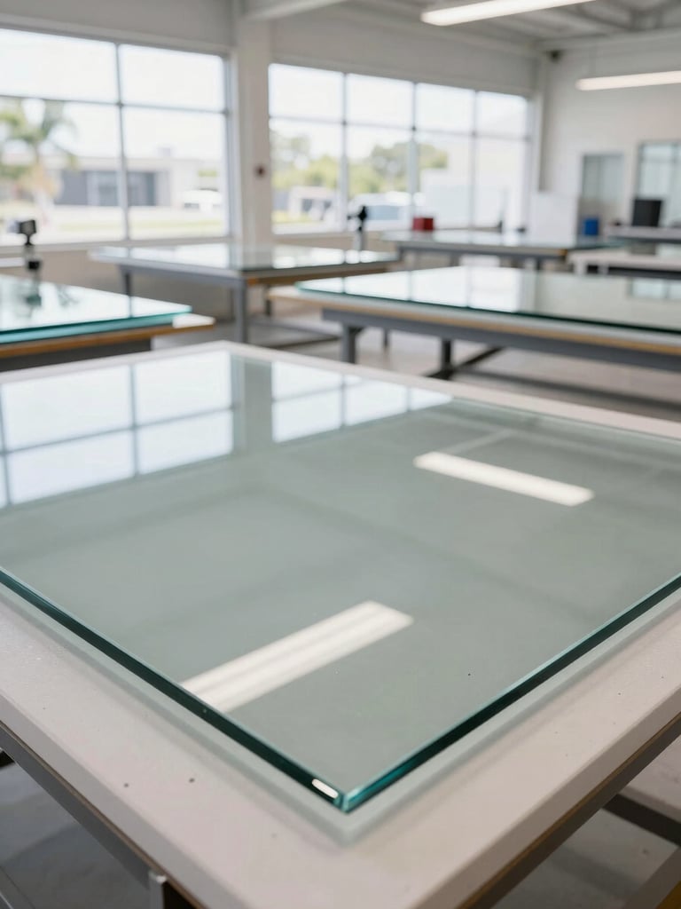 Wide-angle interior of a modern glass workshop in Florida, bright daylight illuminating large sheets of clear architectural glass resting on clean cutting tables, sharp focus