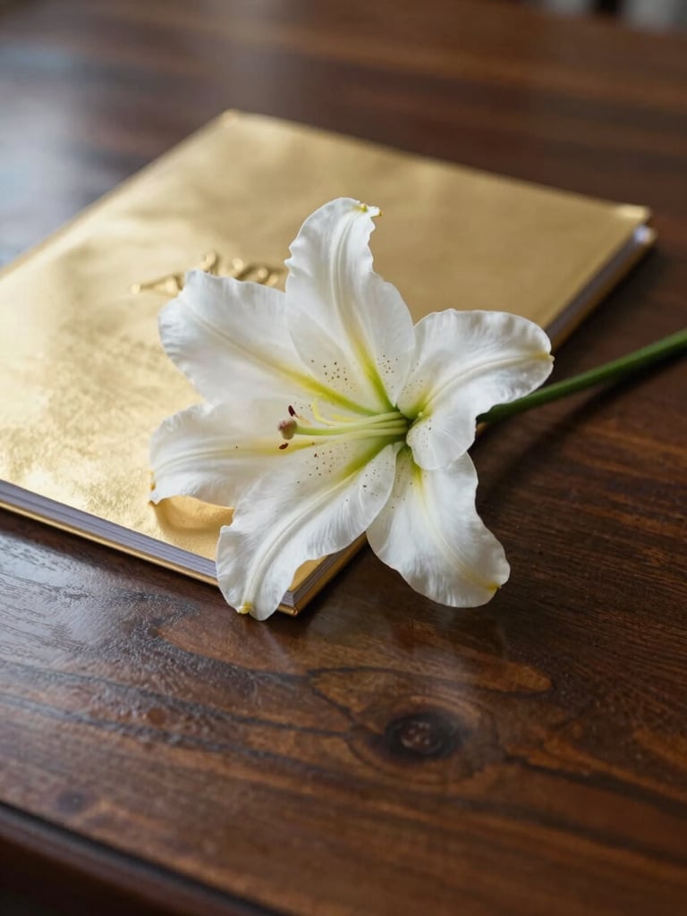 A close-up of a polished dark wood surface reflecting warm natural side-lighting, with a single pristine white lily resting gently beside a gold-embossed program.