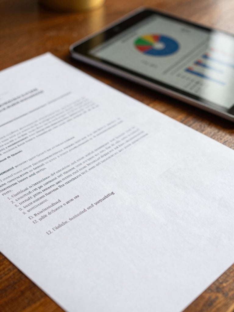 A close-up of official government documents and a modern tablet displaying data charts on a wooden desk, warm natural lighting, shallow depth of field
