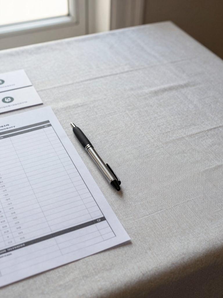 Close-up wide shot of a flat-lay event coordination checklist on a linen-textured table, a pen resting beside printed timeline notes and small vendor cards, soft even natural window light from the upper left, clean and uncluttered surface with generous negative space to the right