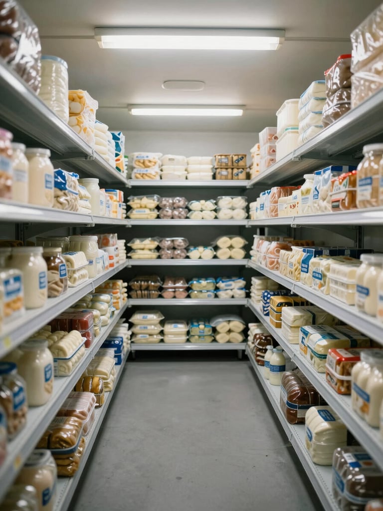 Wide shot of a cold-storage room interior, shelves lined with packaged dairy and frozen goods in temperature-controlled conditions, bright fluorescent overhead lighting casting even neutral light across organized inventory rows