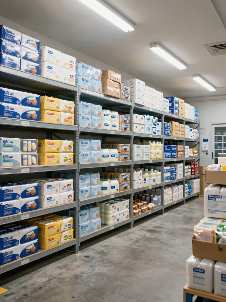 Wide shot of a cold-storage room interior, neatly stacked cartons of dairy and frozen goods on metal shelving under bright warehouse overhead lighting, product labels clearly visible, concrete floor, industrial and organized