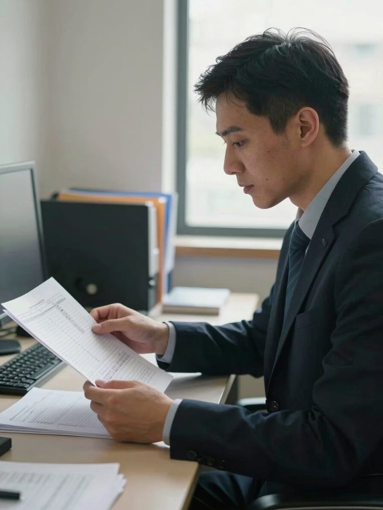 Close medium shot of a school office administrator at a desk reviewing printed attendance records, natural window light from the right, a computer screen and stacked folders visible in the background, calm focused expression