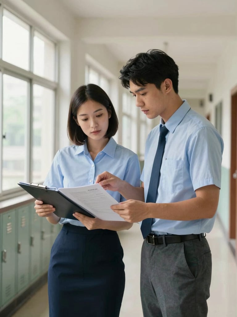 Medium shot of two school staff members in a real school hallway, one pointing at papers on a clipboard while the other reviews a binder, natural overcast light from windows to the left, institutional walls and lockers softly visible behind them