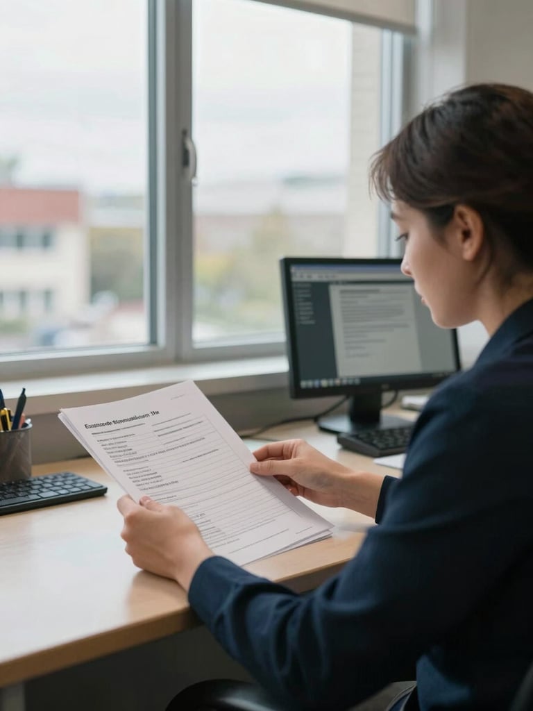 Wide environmental shot of a school office administrator seated at a desk near a large window, natural overcast daylight, reviewing printed enrollment forms with a computer screen visible in the background, mid shot, calm and purposeful