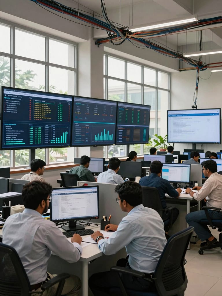 Wide shot of a modern Indian government technology centre, multiple large screens displaying data dashboards, diverse team members collaborating at workstations under natural daylight from tall windows, overhead cables and structured cabling visible, purposeful institutional atmosphere