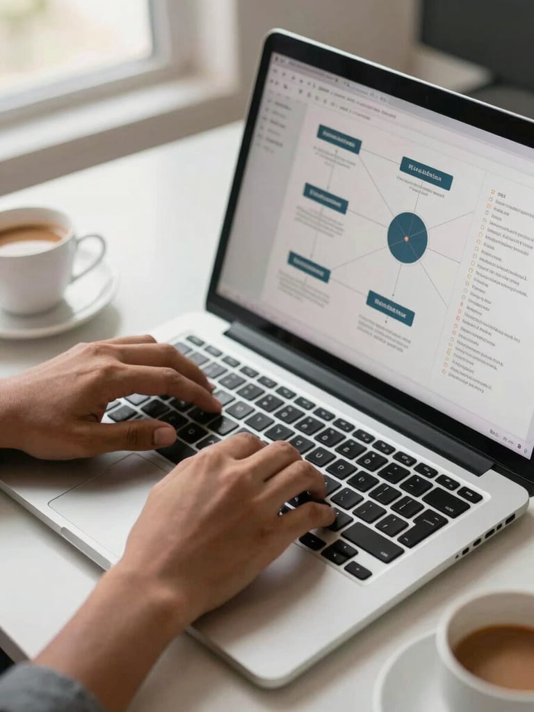 Close-up overhead shot of a developer's hands typing on a laptop keyboard in a bright Indian startup workspace, a secondary monitor showing an AI workflow diagram with interconnected nodes, warm natural light from a nearby window, a cup of chai just visible at the frame edge, clean desk surface