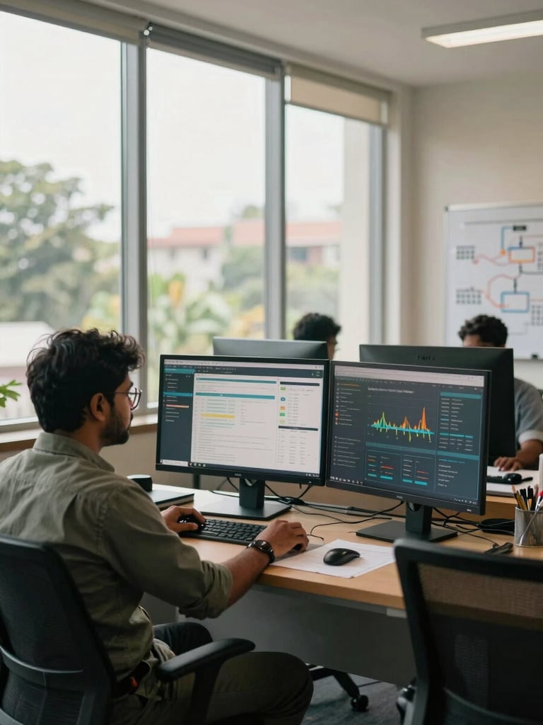 Wide environmental shot of a modern Indian institutional workspace, left third, a developer reviewing data visualizations on dual monitors, natural daylight from tall windows, whiteboard with system diagrams partially visible in background, warm daylight, documentary framing