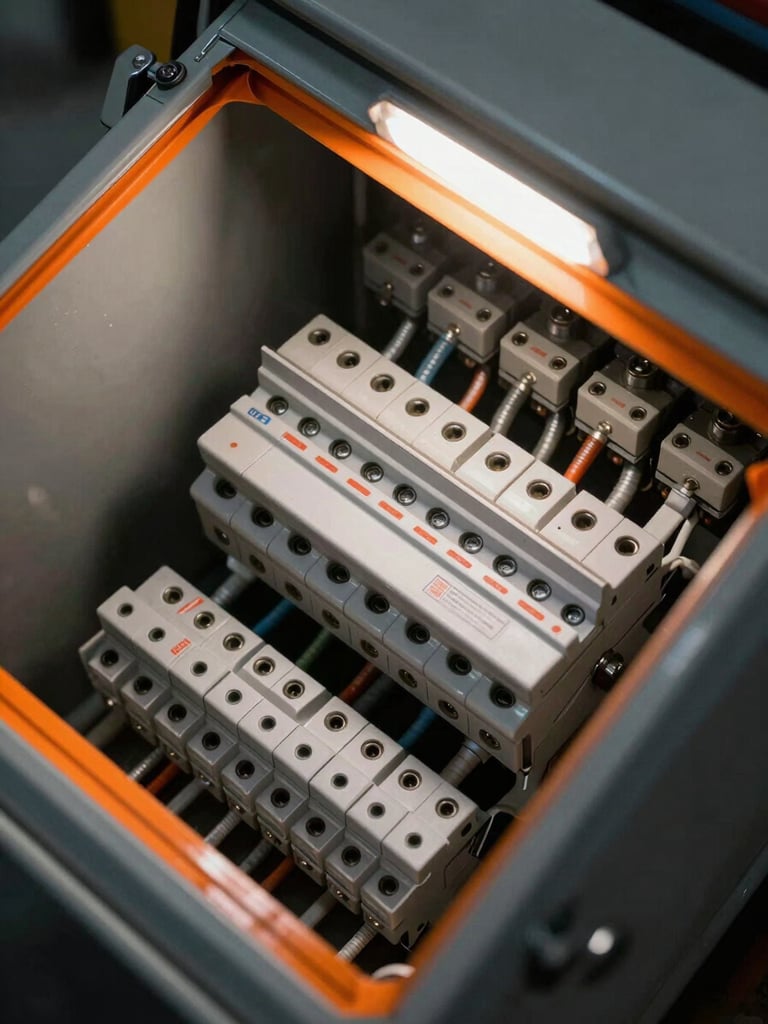 Extreme close-up overhead shot of an industrial electrical panel mid-installation in Morocco, terminal lugs and circuit breakers in sharp focus, orange safety tape visible along the panel edge, harsh overhead work light casting hard shadows on dark metal enclosure, no human presence, technical detail visible on every conductor