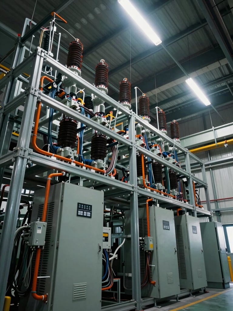 Wide environmental shot of an industrial electrical panel mid-installation inside a factory — dense cable trays, orange conduit markers, heavy-gauge wiring runs visible under harsh overhead fluorescent light, dark metal enclosures, no human presence, shot from a low angle showing height and scale of the infrastructure
