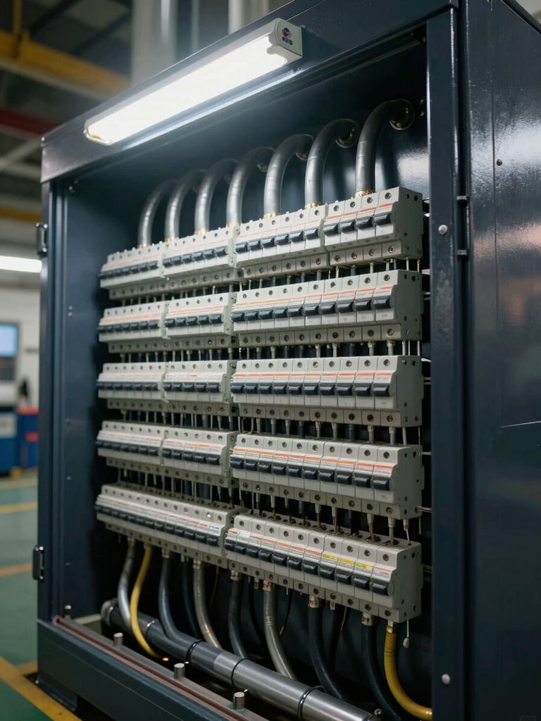 Wide portrait framing of an industrial electrical panel mid-installation inside a factory, heavy cable conduits running vertically against a dark metal cabinet, harsh overhead fluorescent light casting sharp shadows on terminal lugs and circuit breakers, no human presence, deep navy and steel grey tones with orange warning labels visible on breaker rows