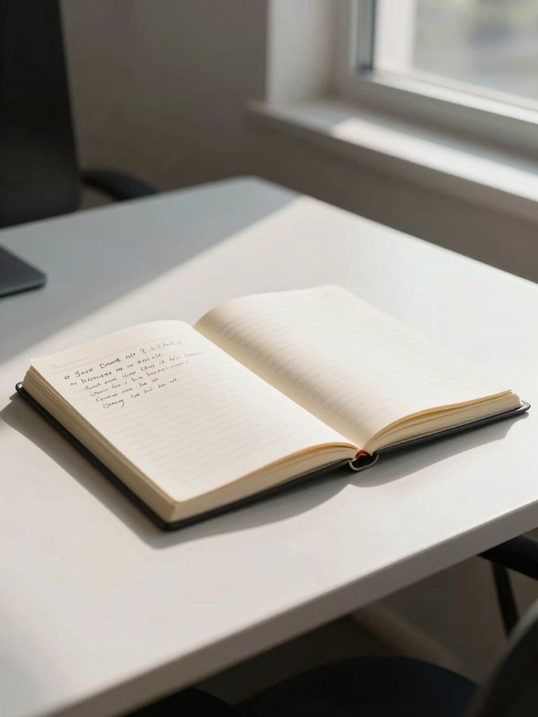 Wide environmental shot of a tidy office desk seen from a slight angle, a notebook open with structured handwritten notes, natural daylight pouring through a window to the right, clean surfaces, no people, calm working atmosphere