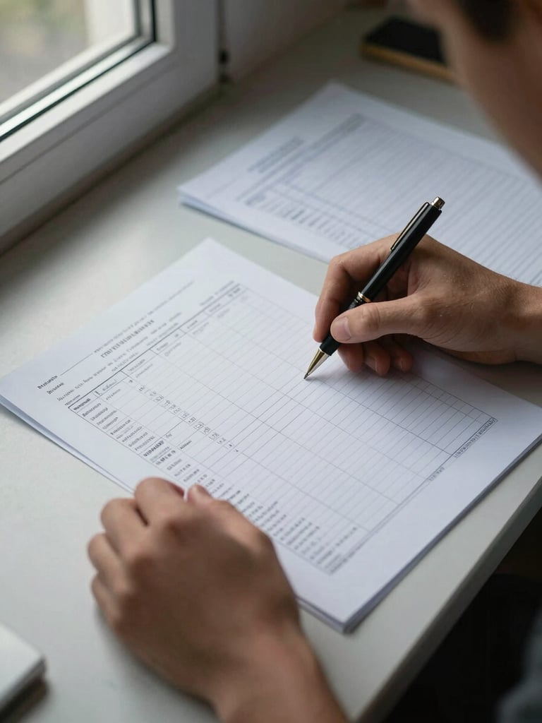 Close overhead view of hands reviewing a printed planning document on a desk, a pen resting beside it, natural window light from the left side, papers with structured columns and notes visible, quiet working environment