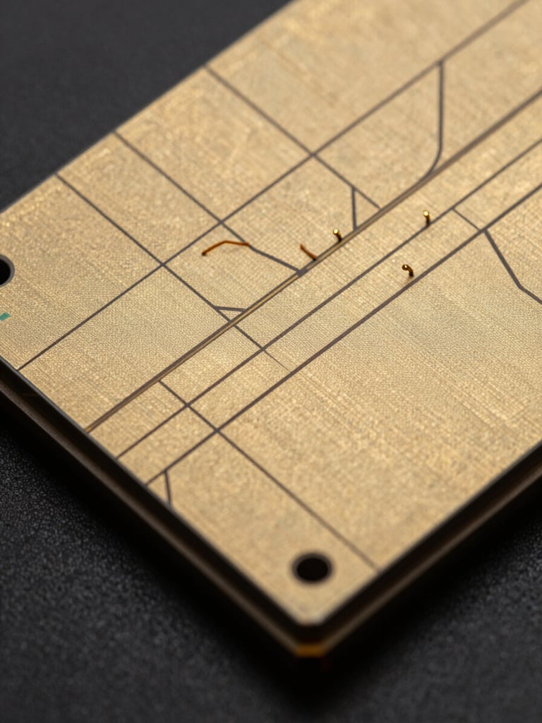Extreme close-up macro of a silicon carbide die under studio strobe lighting, bond wires and gate traces sharply resolved, deep black background, hard-edge shadows revealing surface topology, overhead framing with semiconductor wafer texture visible