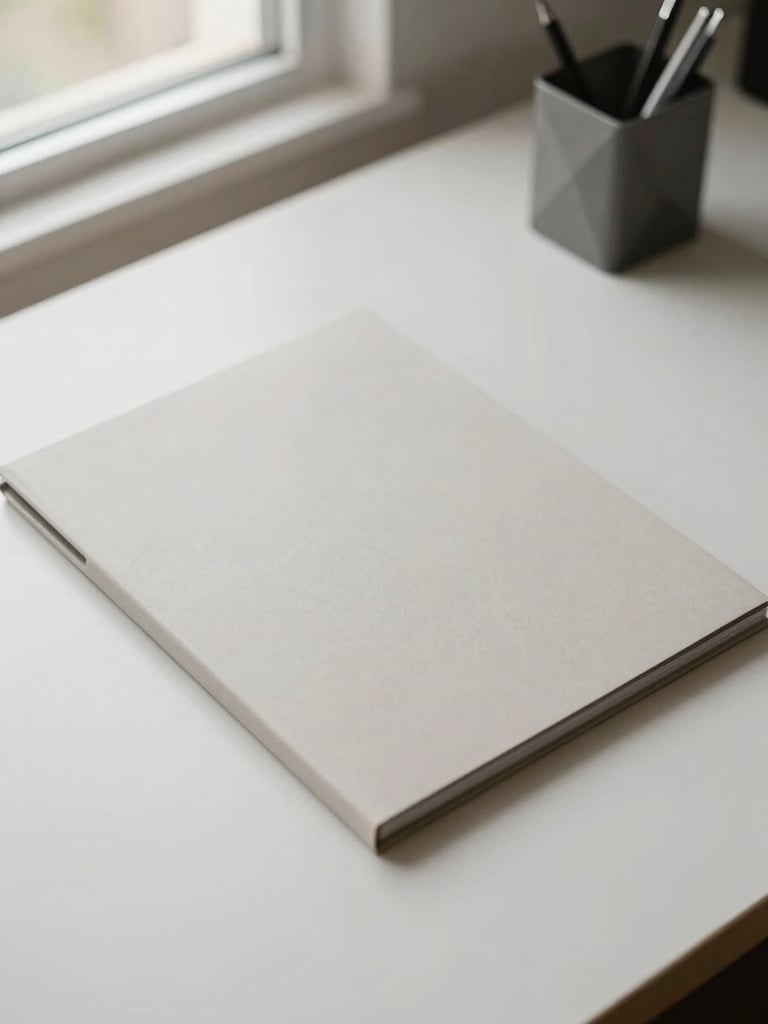 Overhead view of a clean minimal desk surface, a single closed folder and a geometric pen holder in the upper right corner, soft diffused natural light from a window to the left, no people, muted neutral tones, wide negative space